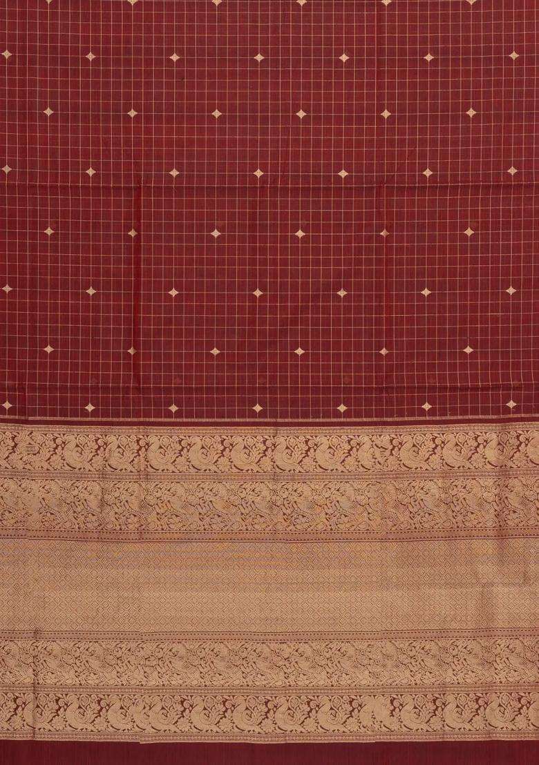 Maroon Handloom Silk Cotton Saree With Checks With Checks And Stripes Design For Women - Indya