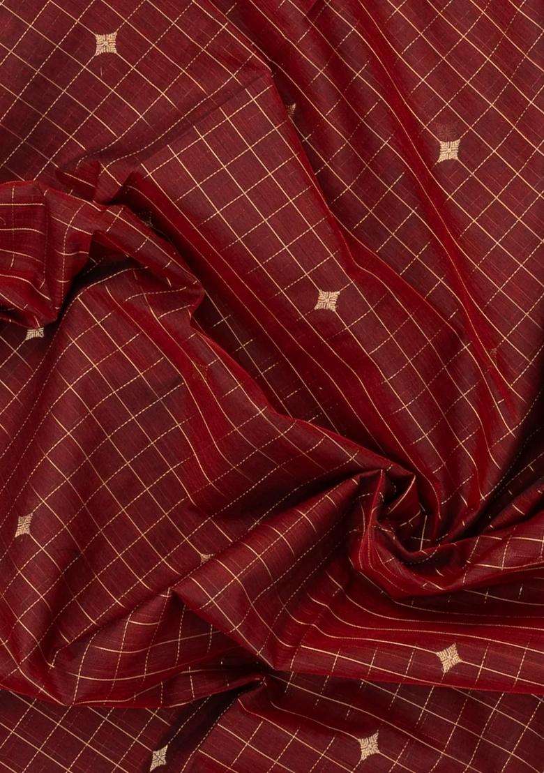 Maroon Handloom Silk Cotton Saree With Checks With Checks And Stripes Design For Women - Indya