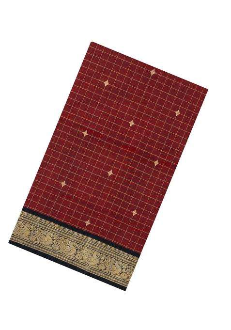 Maroon Handloom Silk Cotton Saree With Checks With Checks And Stripes Design For Women