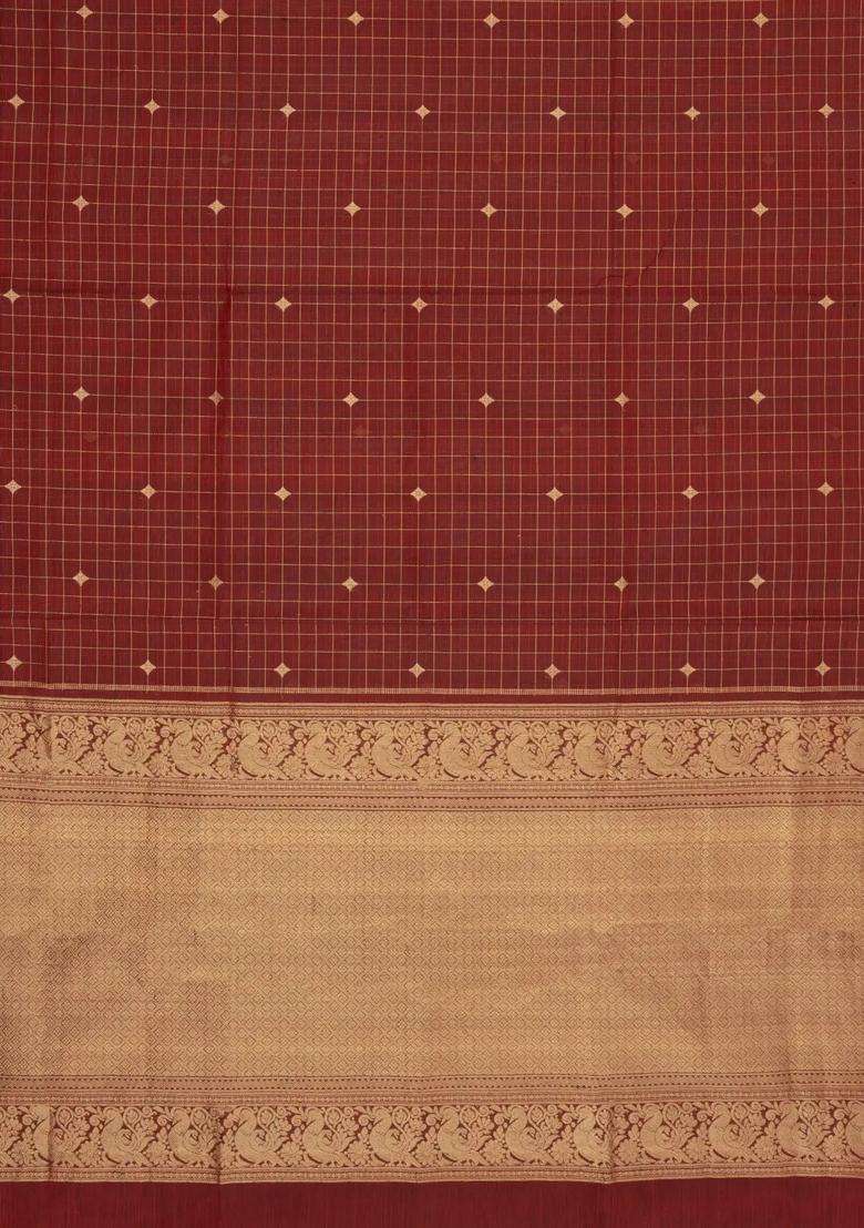 Maroon Handloom Silk Cotton Saree With Checks With Checks And Stripes Design For Women - Indya