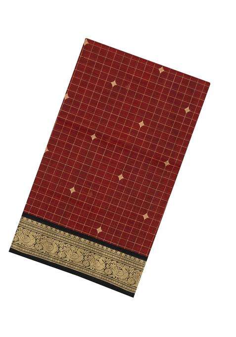 Maroon Handloom Silk Cotton Saree With Checks With Checks And Stripes Design For Women