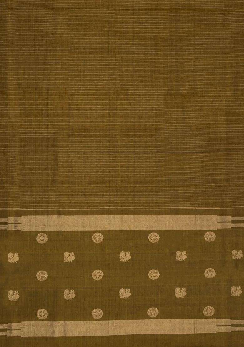 Dark Olive Handloom Soft Silk Cotton Saree With Zari Stripes With Checks And Stripes Design For Women - Indya