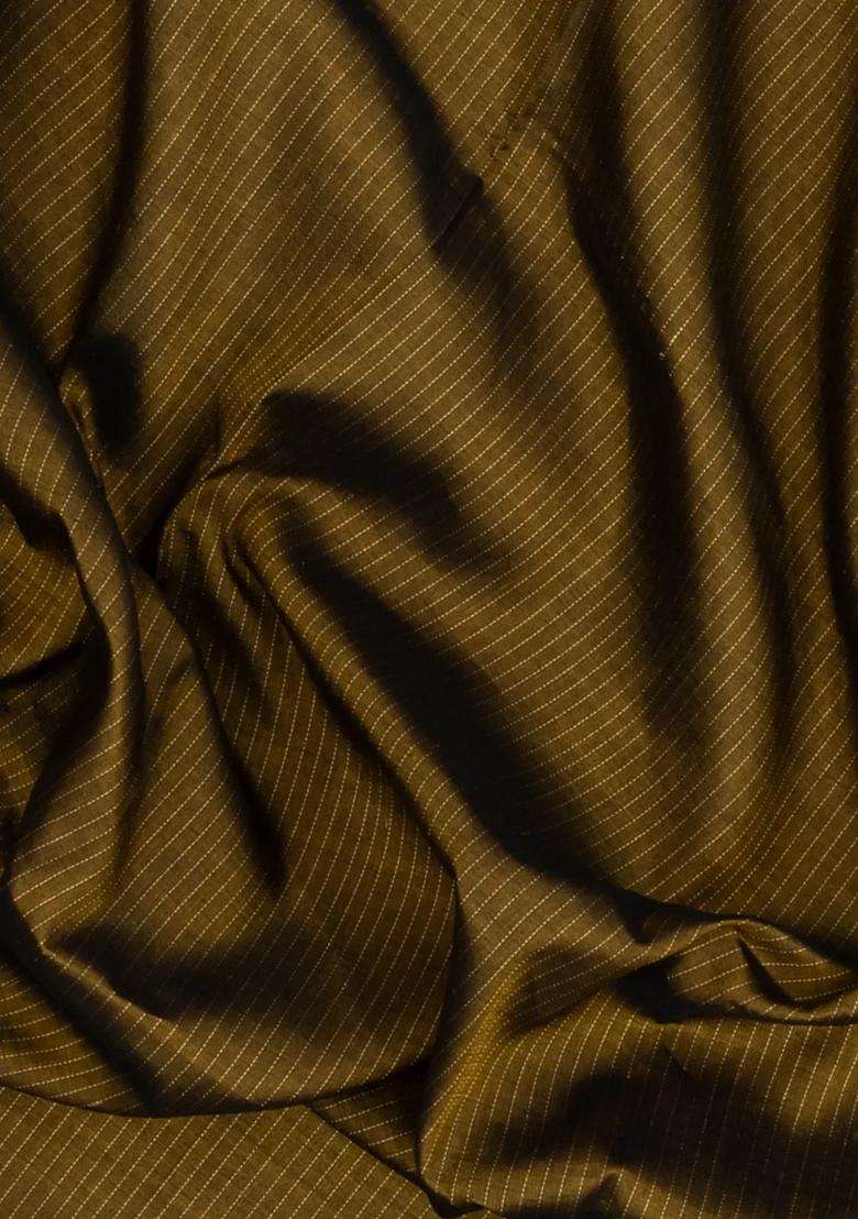 Dark Olive Handloom Soft Silk Cotton Saree With Zari Stripes With Checks And Stripes Design For Women - Indya