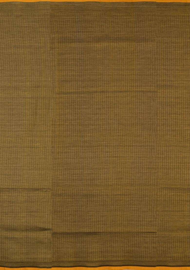 Dark Olive Handloom Soft Silk Cotton Saree With Zari Stripes With Checks And Stripes Design For Women - Indya