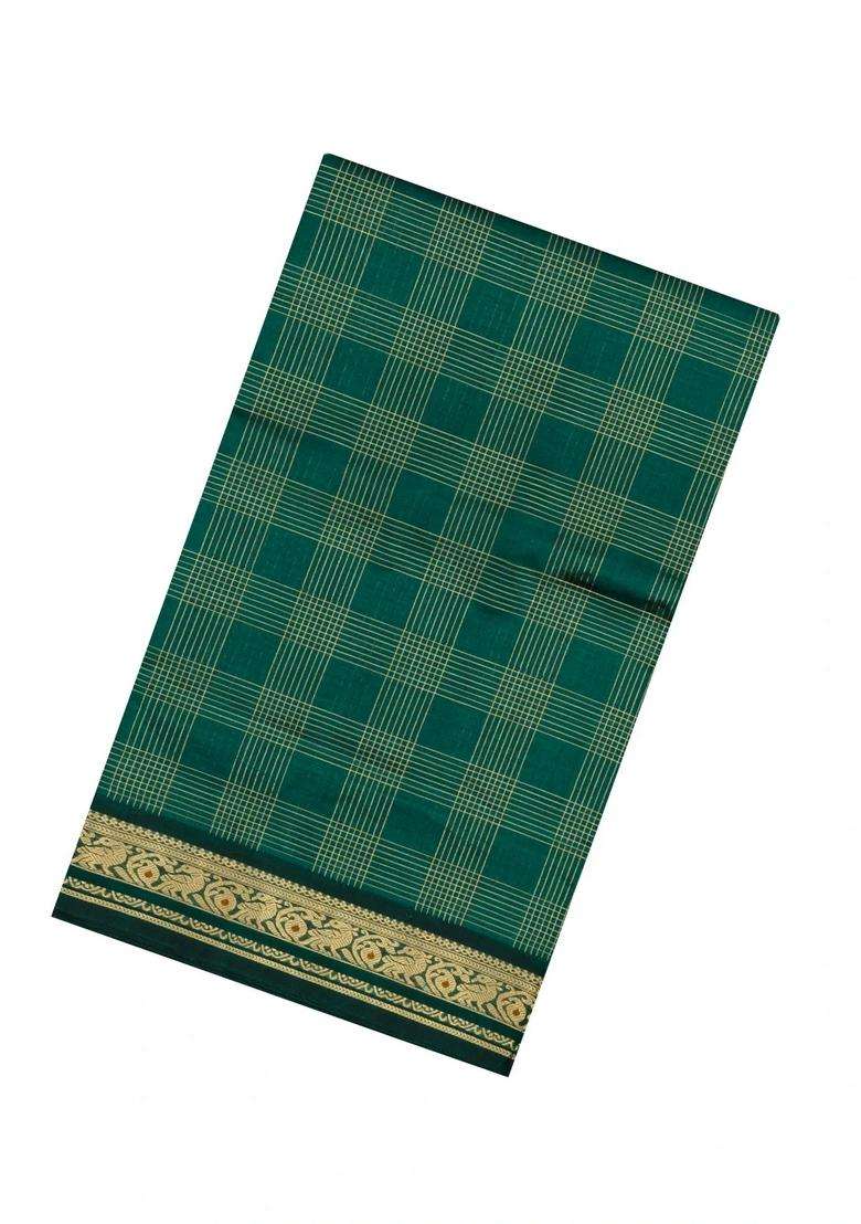 Sea Green Handloom Soft Silk Cotton Saree With Zari Checks With Checks And Stripes Design For Women - Indya