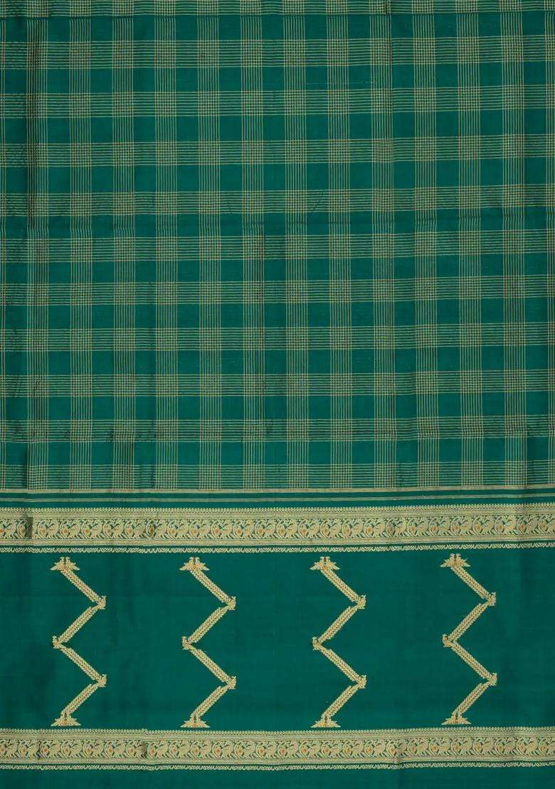 Sea Green Handloom Soft Silk Cotton Saree With Zari Checks With Checks And Stripes Design For Women - Indya