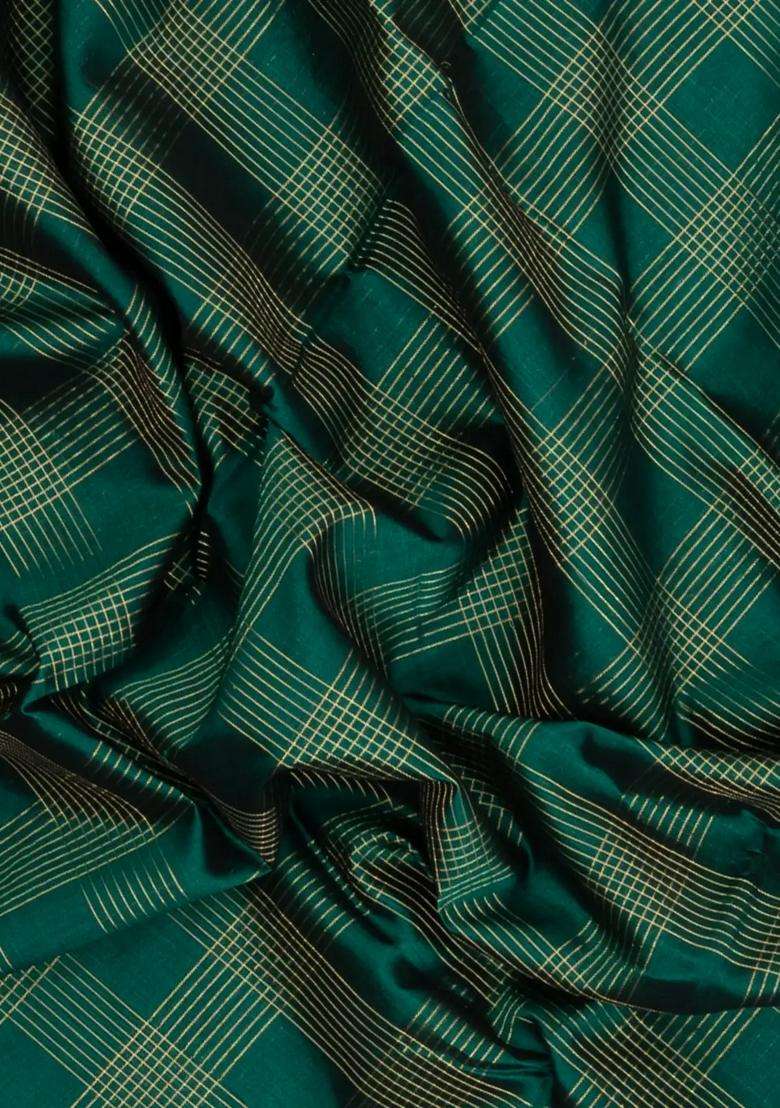 Sea Green Handloom Soft Silk Cotton Saree With Zari Checks With Checks And Stripes Design For Women - Indya