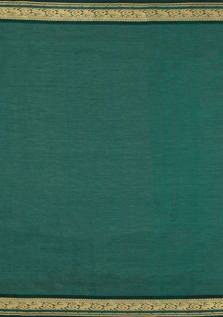 Sea Green Handloom Soft Silk Cotton Saree With Zari Checks With Checks And Stripes Design For Women - Indya