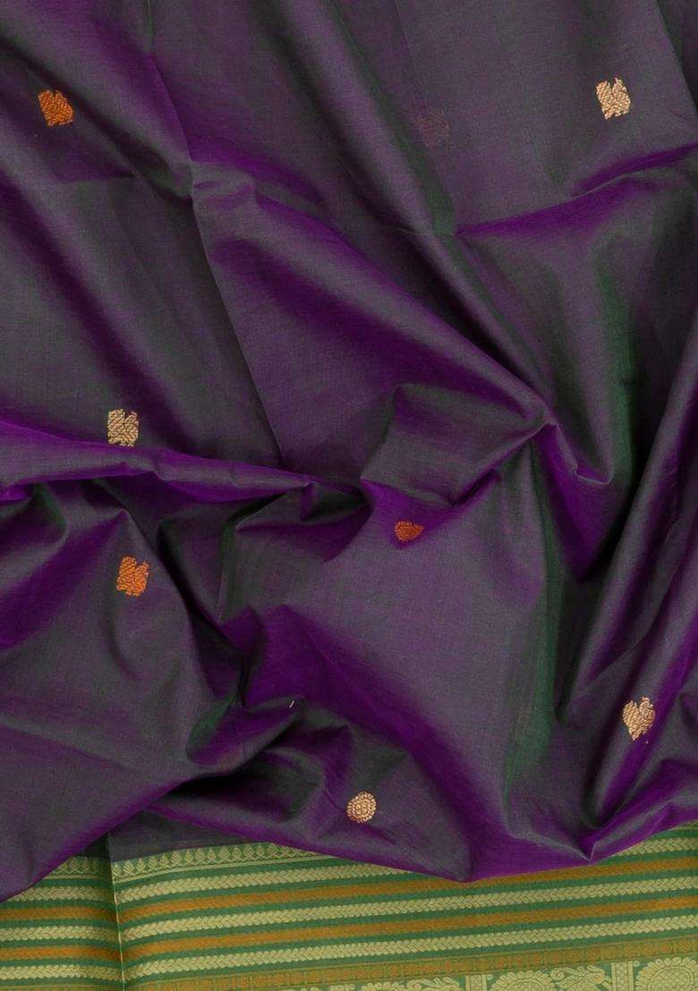 Purple Handloom Silk Cotton Saree With Buttas With Buttas And Brocade Design For Women - Indya
