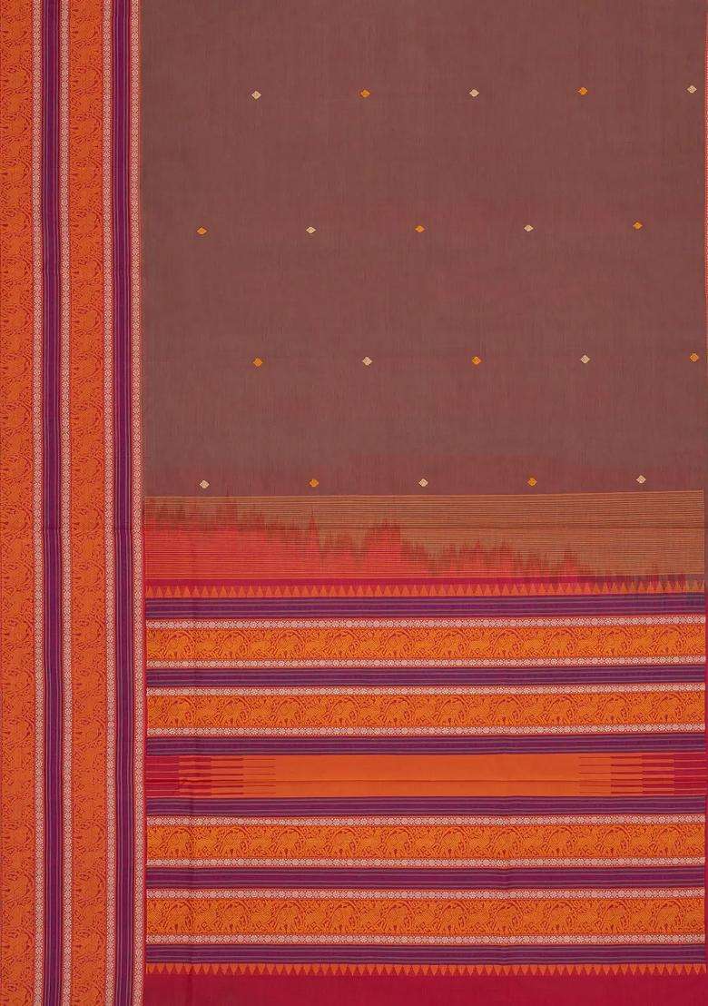 Dusty Peach Handloom Silk Cotton Saree With Buttas With Buttas And Brocade Design For Women - Indya