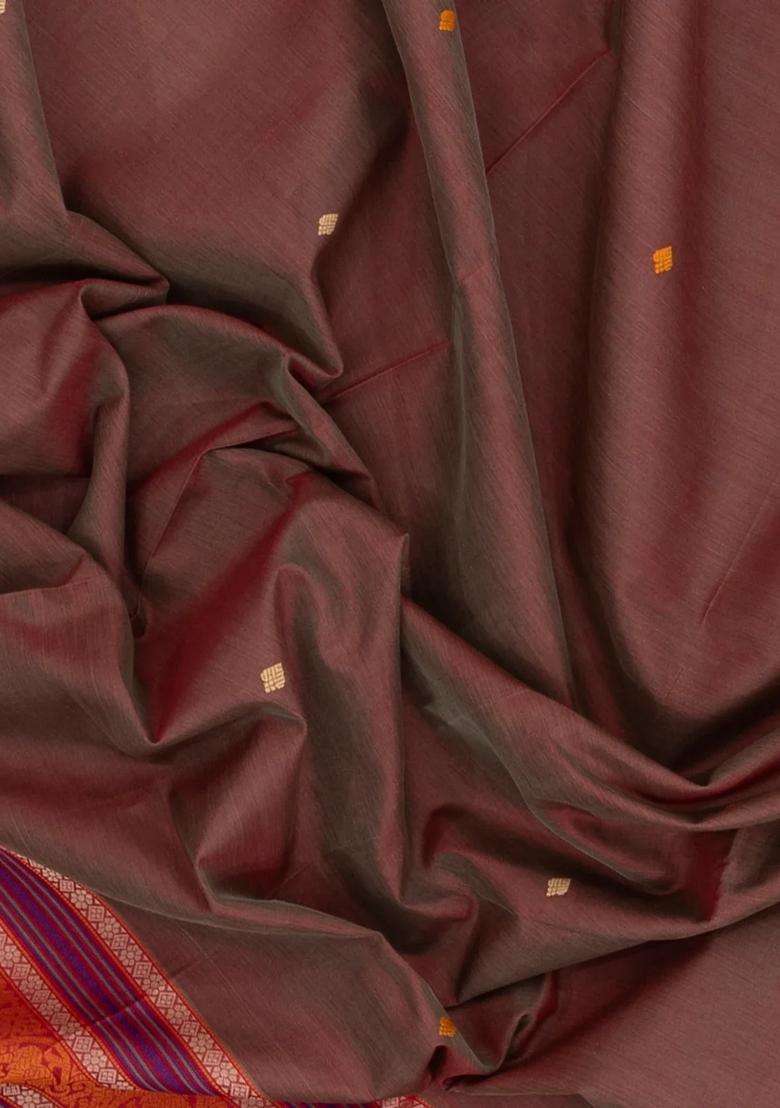 Dusty Peach Handloom Silk Cotton Saree With Buttas With Buttas And Brocade Design For Women - Indya