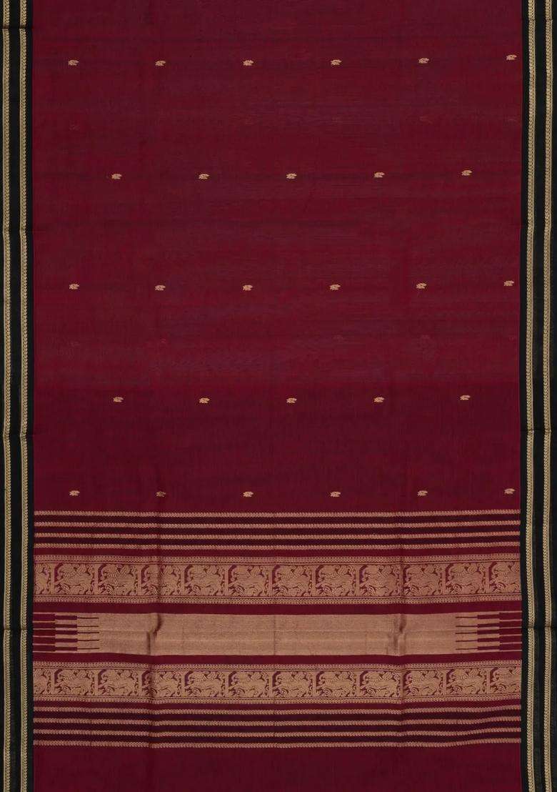 Maroon Handloom Silk Cotton Saree With Buttas With Buttas And Brocade Design For Women - Indya