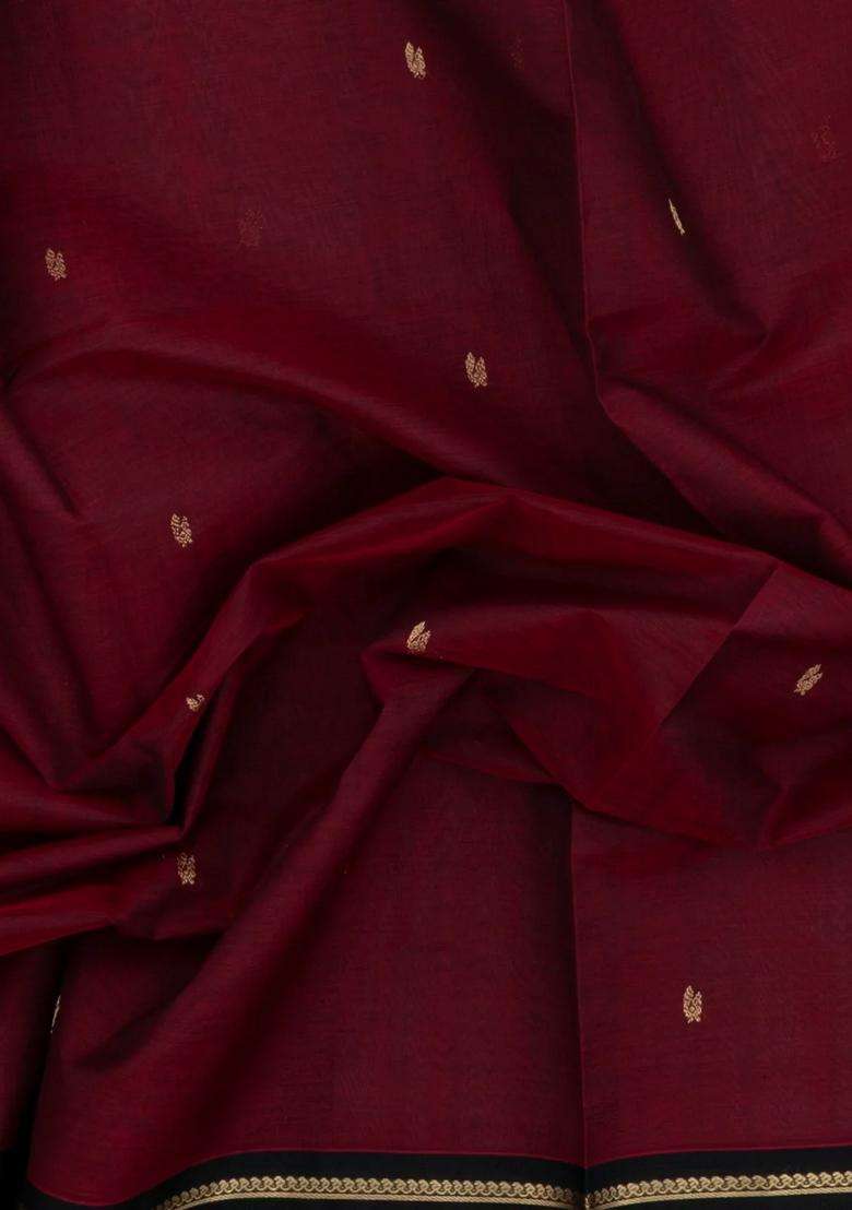Maroon Handloom Silk Cotton Saree With Buttas With Buttas And Brocade Design For Women - Indya