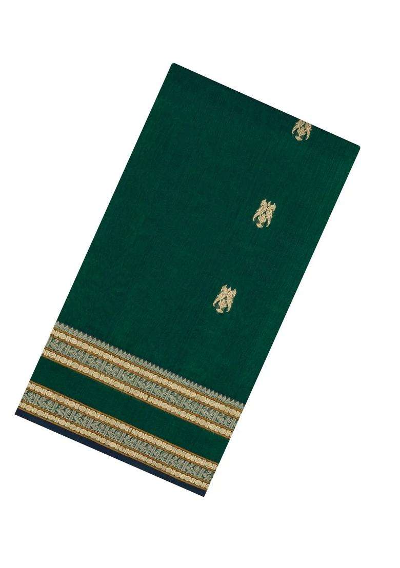 Dark Green Handloom Silk Cotton Saree With Buttas With Buttas And Brocade Design For Women - Indya