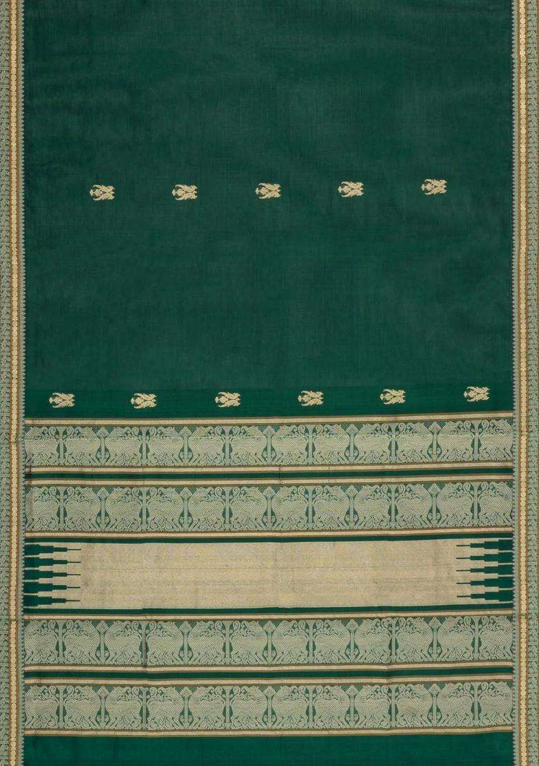 Dark Green Handloom Silk Cotton Saree With Buttas With Buttas And Brocade Design For Women - Indya