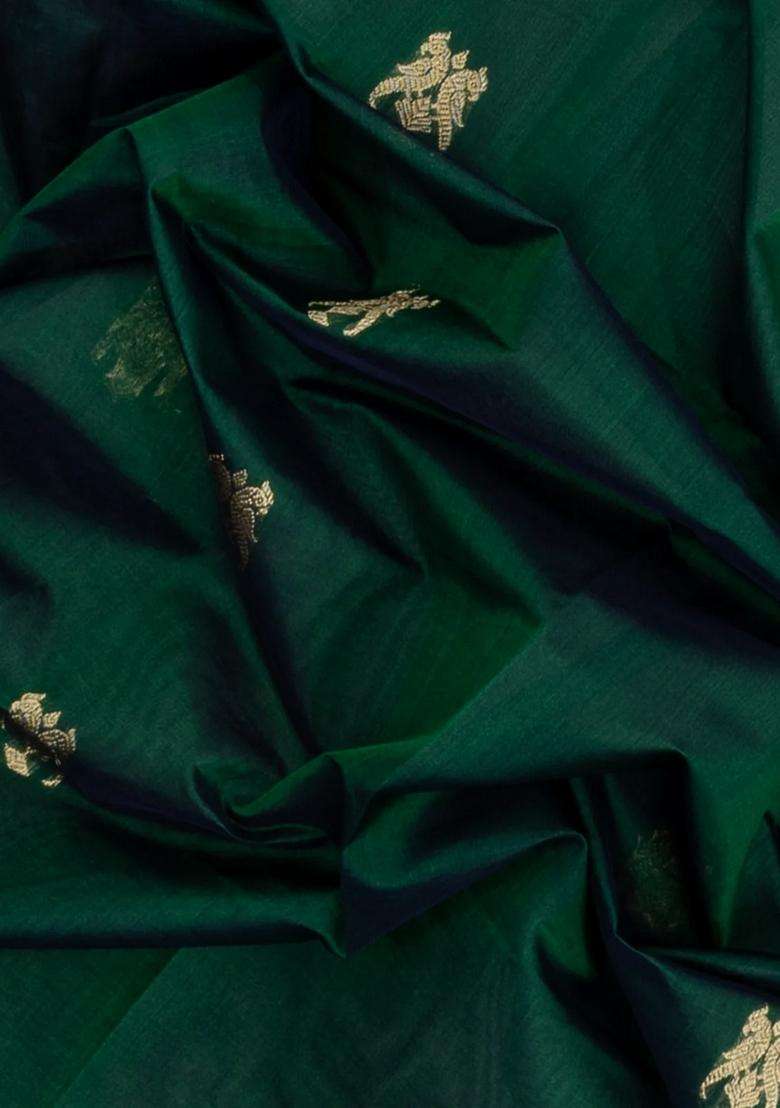 Dark Green Handloom Silk Cotton Saree With Buttas With Buttas And Brocade Design For Women - Indya