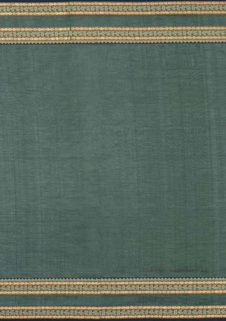 Dark Green Handloom Silk Cotton Saree With Buttas With Buttas And Brocade Design For Women - Indya