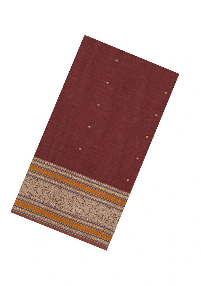 Brown Handloom Silk Cotton Saree With Buttas With Buttas And Brocade Design For Women - Indya