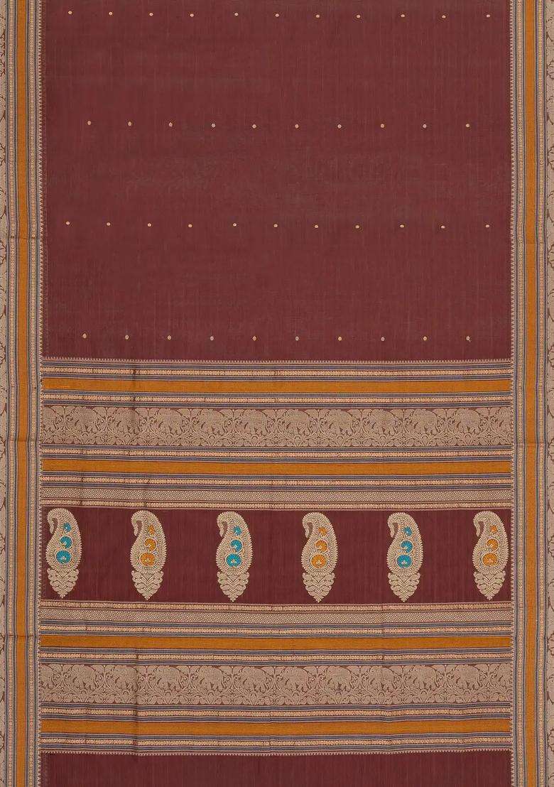 Brown Handloom Silk Cotton Saree With Buttas With Buttas And Brocade Design For Women - Indya
