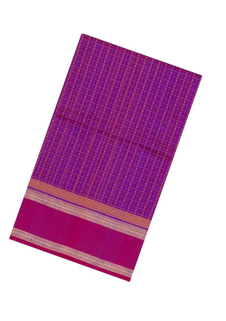 Purple Handloom Silk Cotton Saree With Checks With Checks And Stripes Design For Women - Indya