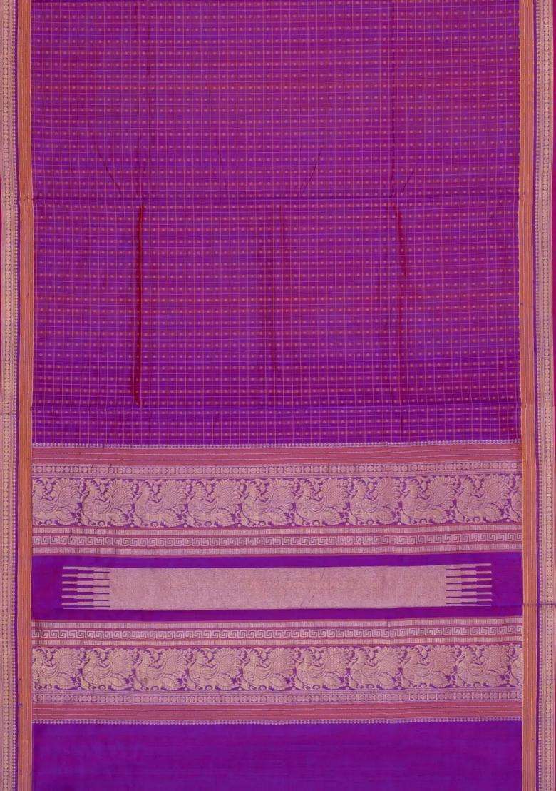 Purple Handloom Silk Cotton Saree With Checks With Checks And Stripes Design For Women - Indya