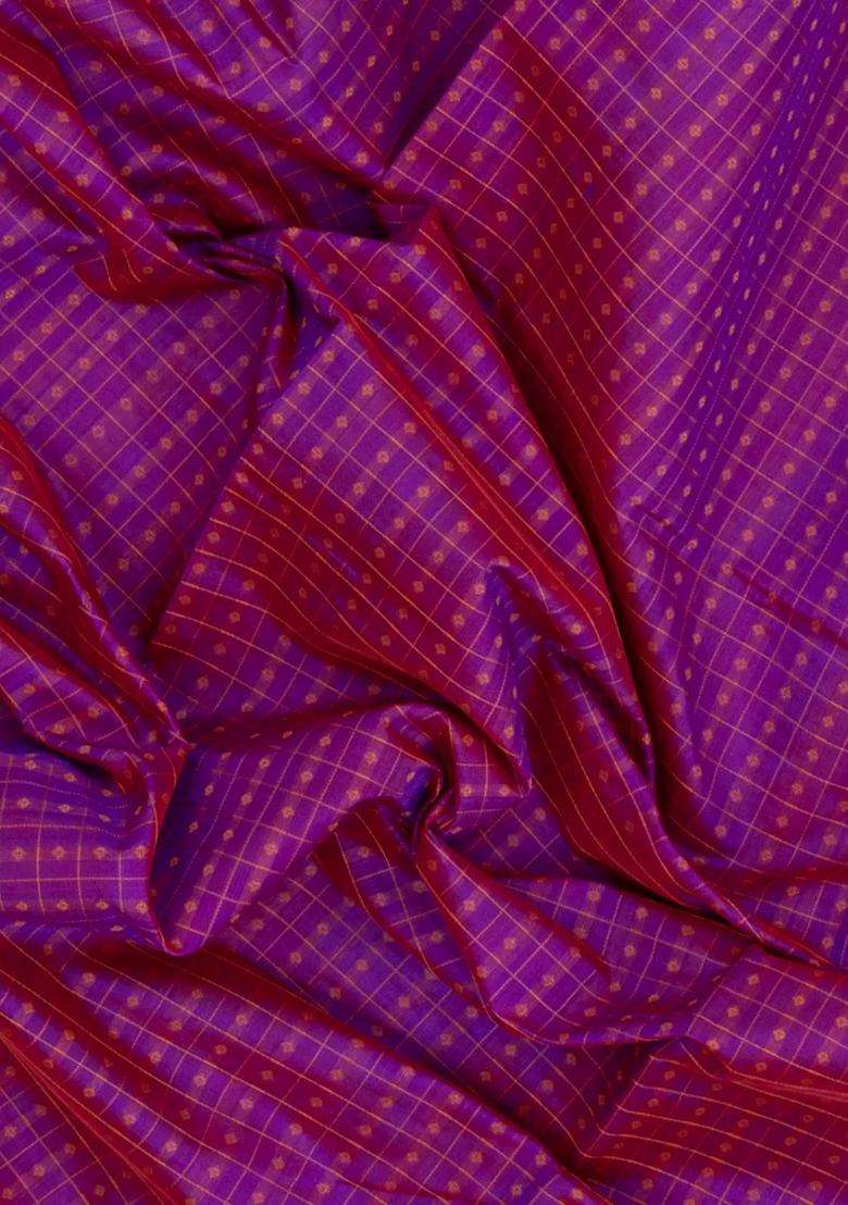 Purple Handloom Silk Cotton Saree With Checks With Checks And Stripes Design For Women - Indya