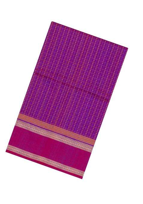 Purple Handloom Silk Cotton Saree With Checks With Checks And Stripes Design For Women