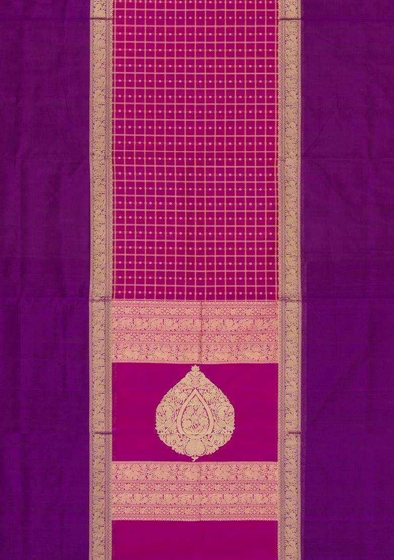 Magenta Handloom Muppagam Silk Cotton Saree With Checks With Checks And Stripes Design For Women - Indya