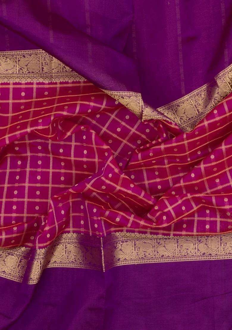 Magenta Handloom Muppagam Silk Cotton Saree With Checks With Checks And Stripes Design For Women - Indya