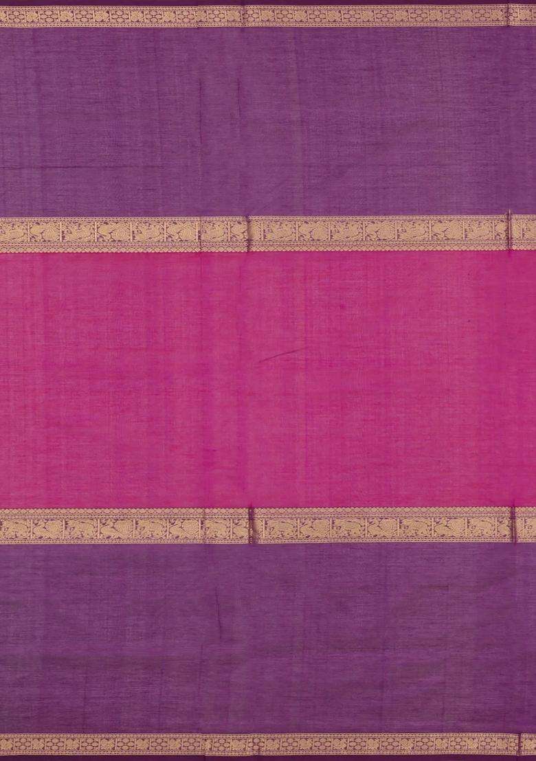 Magenta Handloom Muppagam Silk Cotton Saree With Checks With Checks And Stripes Design For Women - Indya