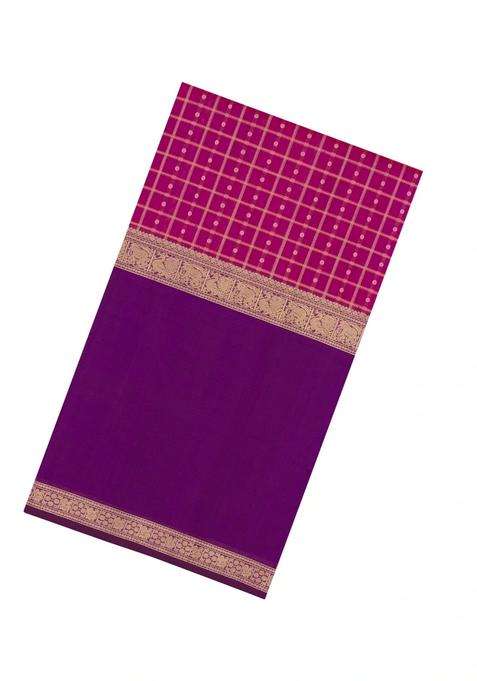 Magenta Handloom Muppagam Silk Cotton Saree With Checks With Checks And Stripes Design For Women