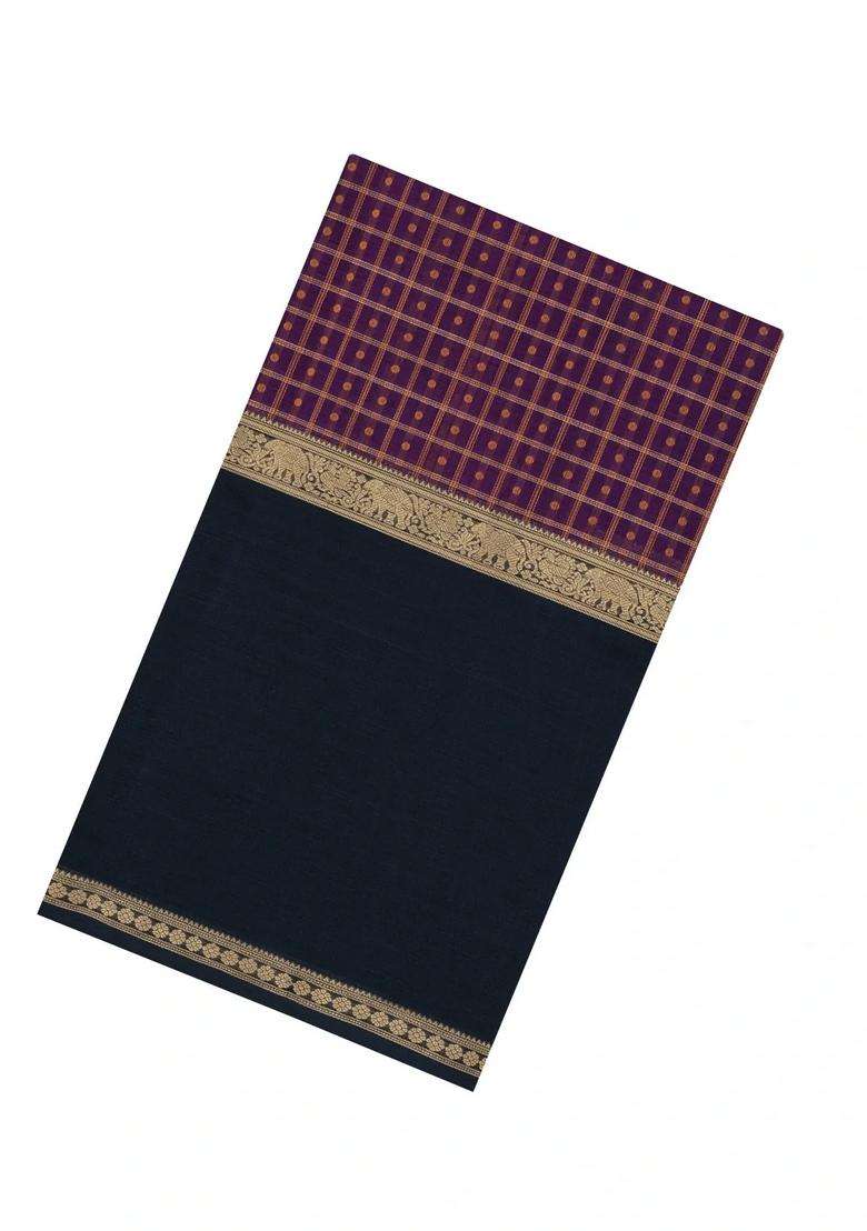 Purple Handloom Muppagam Silk Cotton Saree With Checks With Checks And Stripes Design For Women - Indya
