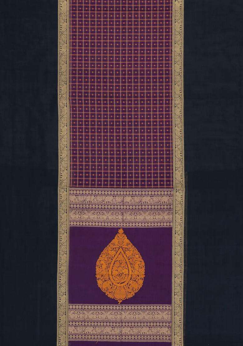 Purple Handloom Muppagam Silk Cotton Saree With Checks With Checks And Stripes Design For Women - Indya