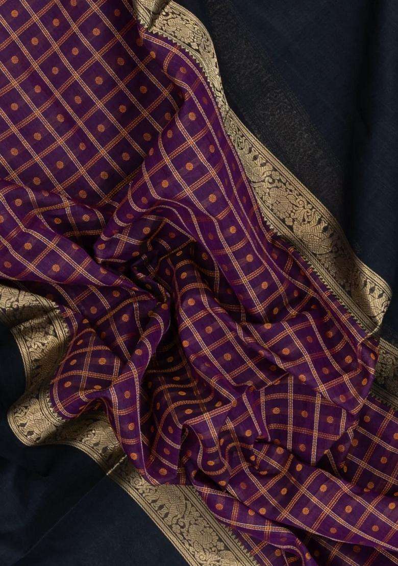 Purple Handloom Muppagam Silk Cotton Saree With Checks With Checks And Stripes Design For Women - Indya