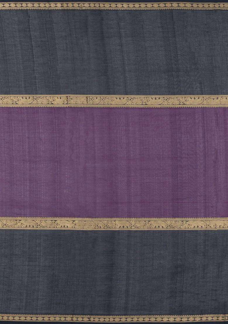 Purple Handloom Muppagam Silk Cotton Saree With Checks With Checks And Stripes Design For Women - Indya