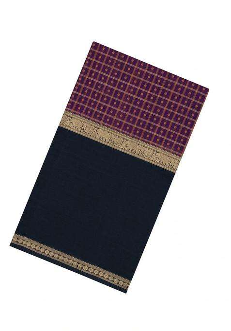 Purple Handloom Muppagam Silk Cotton Saree With Checks With Checks And Stripes Design For Women