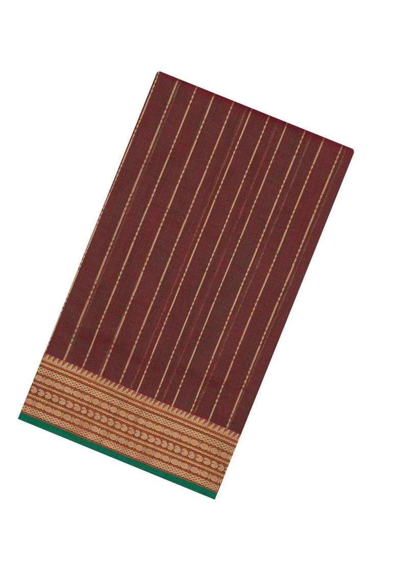 Brown Handloom Silk Cotton Saree With Zari Stripes With Checks And Stripes Design For Women - Indya