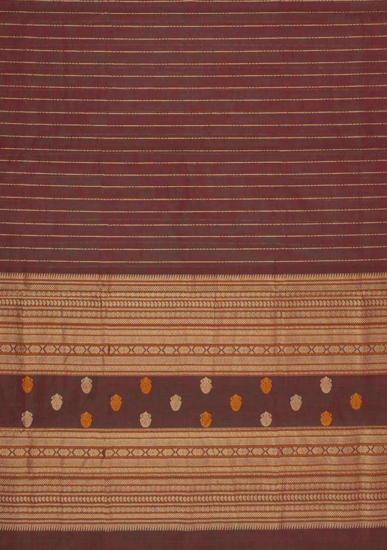 Brown Handloom Silk Cotton Saree With Zari Stripes With Checks And Stripes Design For Women - Indya
