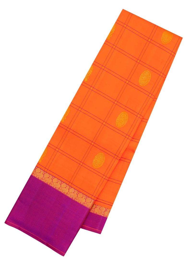 Orange Handloom Kanchipuram Silk Saree With Checks Buttas With Buttas And Brocade Design For Women - Indya