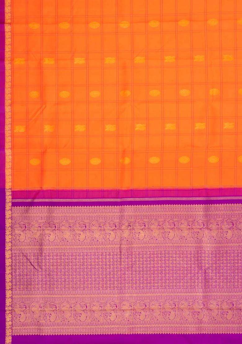 Orange Handloom Kanchipuram Silk Saree With Checks Buttas With Buttas And Brocade Design For Women - Indya