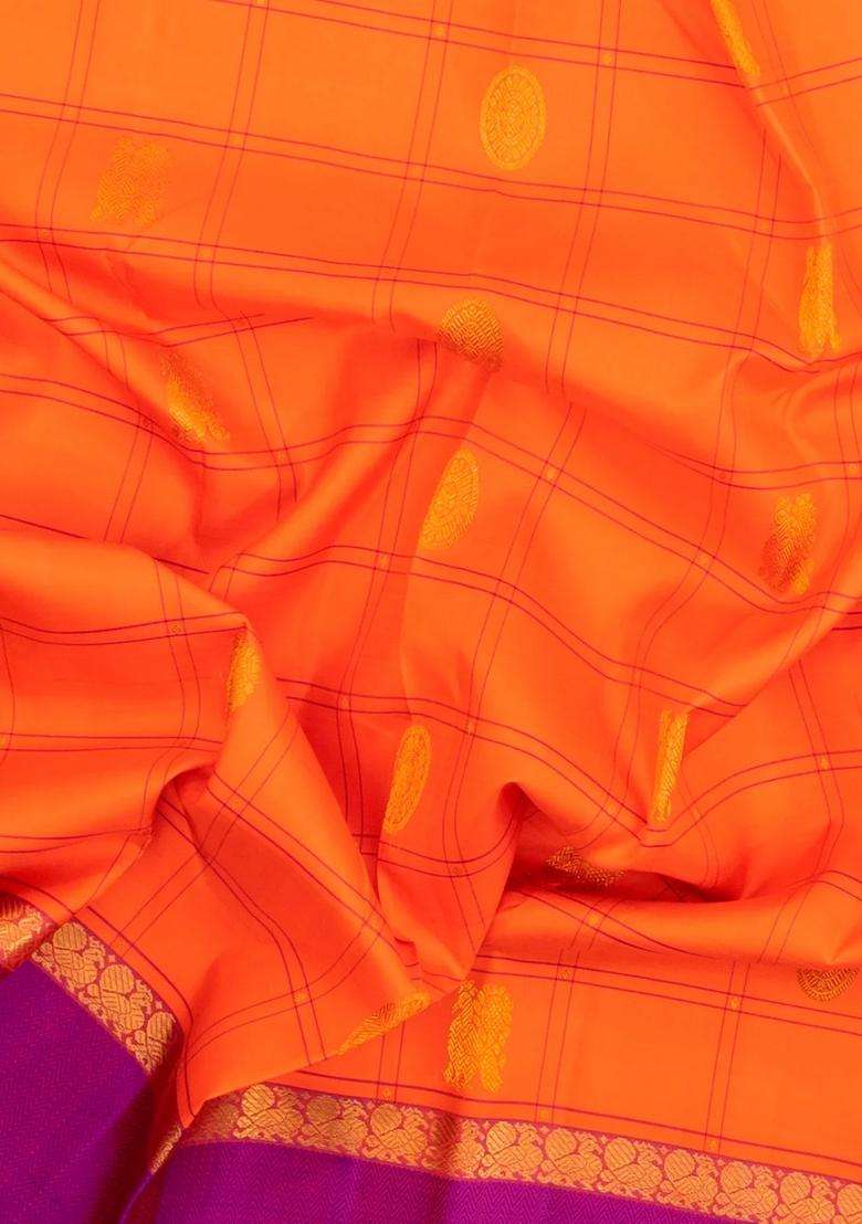 Orange Handloom Kanchipuram Silk Saree With Checks Buttas With Buttas And Brocade Design For Women - Indya