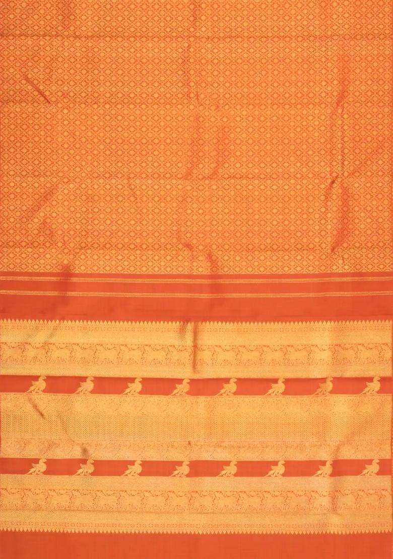 Rust Handloom Kanchipuram Silk Saree With Rudraksham Motifs With Buttas And Brocade Design For Women - Indya