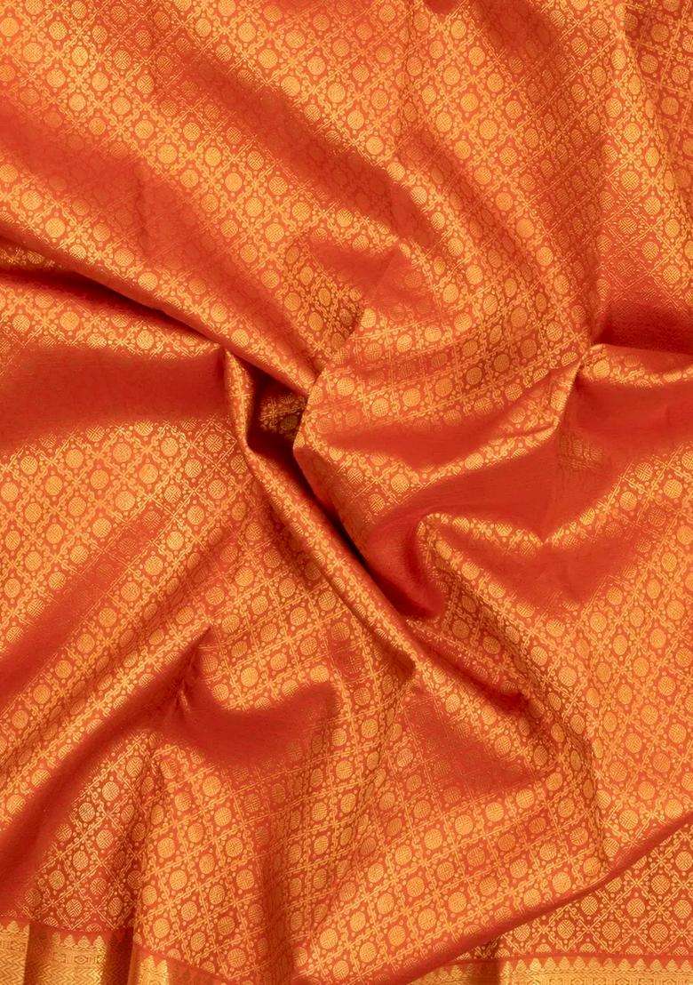 Rust Handloom Kanchipuram Silk Saree With Rudraksham Motifs With Buttas And Brocade Design For Women - Indya