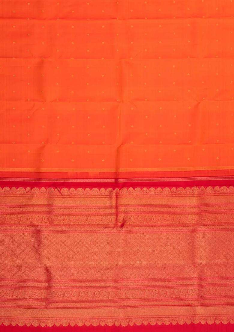 Orange Handloom Kanchipuram Silk Saree With Zari Buttas With Buttas And Brocade Design For Women - Indya