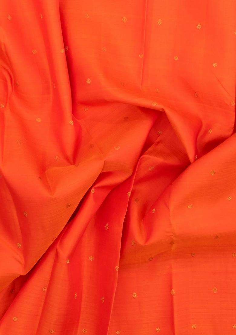 Orange Handloom Kanchipuram Silk Saree With Zari Buttas With Buttas And Brocade Design For Women - Indya