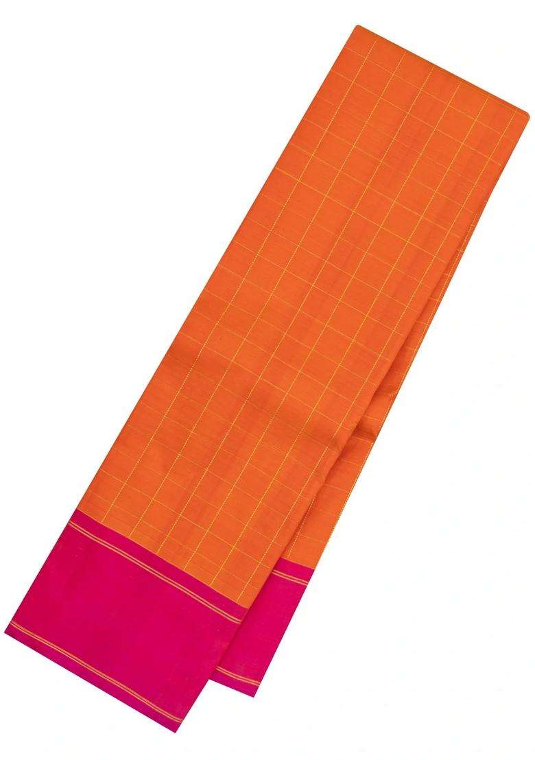 Orange Handloom Kanchipuram Silk Saree With Checks With Checks And Stripes Design For Women - Indya