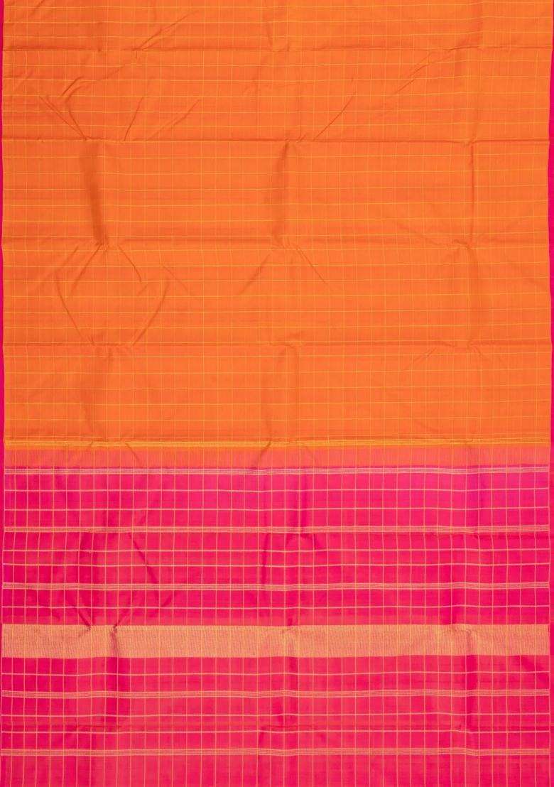 Orange Handloom Kanchipuram Silk Saree With Checks With Checks And Stripes Design For Women - Indya