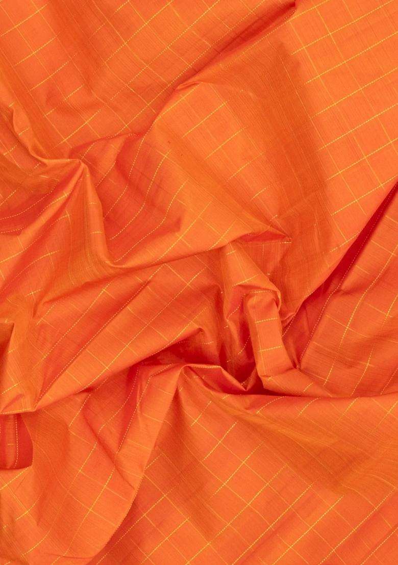 Orange Handloom Kanchipuram Silk Saree With Checks With Checks And Stripes Design For Women - Indya