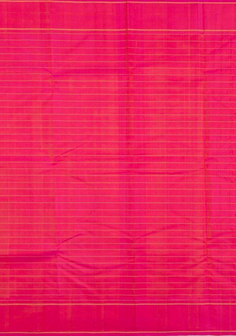 Orange Handloom Kanchipuram Silk Saree With Checks With Checks And Stripes Design For Women - Indya