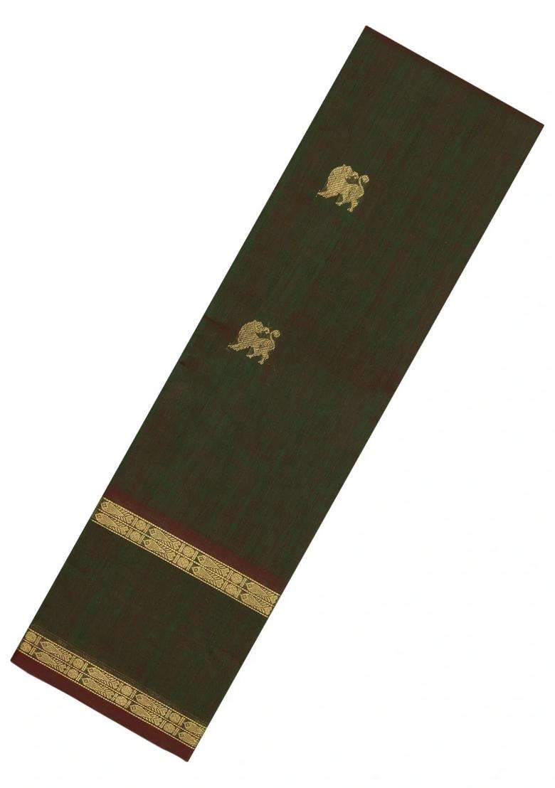 Dark Green Handloom Kanchi Cotton Saree With Yazhi Buttas With Buttas And Brocade Design For Women - Indya